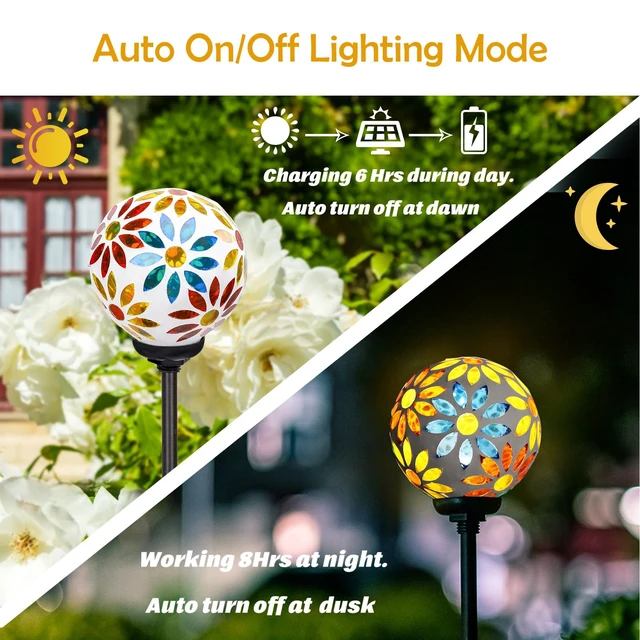 Alt view image 4 of 7 - Afirst Solar Outdoor Decorative Light, Mosaic Stake for Yard Decor, 3.5" | 3.5" Flower Pattern Mosaic Glass Ball Stake, Waterproof Design, Solar Lights for Lawn, Yard & Pathway Decor, Yellow