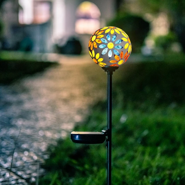 Alt view image 6 of 7 - Afirst Solar Outdoor Decorative Light, Mosaic Stake for Yard Decor, 3.5" | 3.5" Flower Pattern Mosaic Glass Ball Stake, Waterproof Design, Solar Lights for Lawn, Yard & Pathway Decor, Yellow