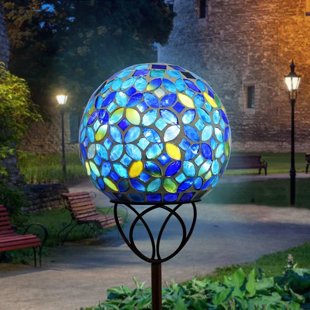 Main image of VCUTEKA Decorative Solar Garden Lights, 6" Mosaic Globe Outdoor Stake | Mosaic Glass Design with Solar Light, Weather Resistant, Auto On/Off and Metal Stake Design For Lawn and Patio, Blue