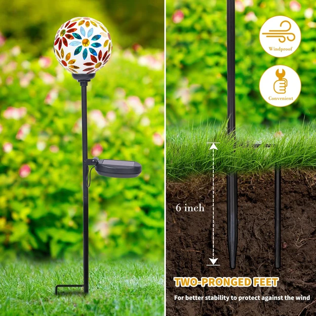 Alt view image 5 of 7 - Afirst Solar Outdoor Decorative Light, Mosaic Stake for Yard Decor, 3.5" | 3.5" Flower Pattern Mosaic Glass Ball Stake, Waterproof Design, Solar Lights for Lawn, Yard & Pathway Decor, Yellow