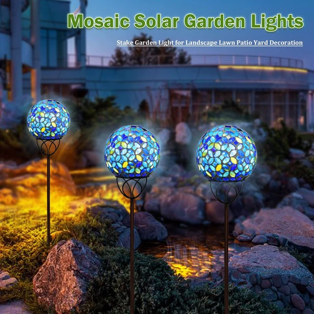 Alt view image 3 of 7 - VCUTEKA Decorative Solar Garden Lights, 6" Mosaic Globe Outdoor Stake | Mosaic Glass Design with Solar Light, Weather Resistant, Auto On/Off and Metal Stake Design For Lawn and Patio, Blue