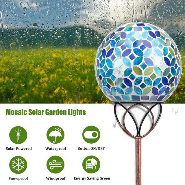 Alt view image 2 of 7 - VCUTEKA Decorative Solar Garden Lights, 6" Mosaic Globe Outdoor Stake | Mosaic Glass Design with Solar Light, Weather Resistant, Auto On/Off and Metal Stake Design For Lawn and Patio, Blue