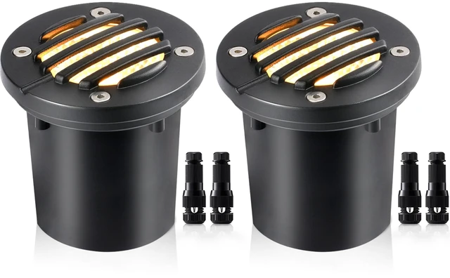 Main image of SUNVIE 2-Pack 12W 3000K LED Low Voltage Landscape Well Lights, Grated Top | 12-24V AC/DC, Waterproof, Anti-Glare, Die-Cast Aluminum In-Ground Lights for Pathway Garden Yard, Connectors Included