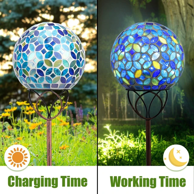 Alt view image 4 of 7 - VCUTEKA Decorative Solar Garden Lights, 6" Mosaic Globe Outdoor Stake | Mosaic Glass Design with Solar Light, Weather Resistant, Auto On/Off and Metal Stake Design For Lawn and Patio, Blue