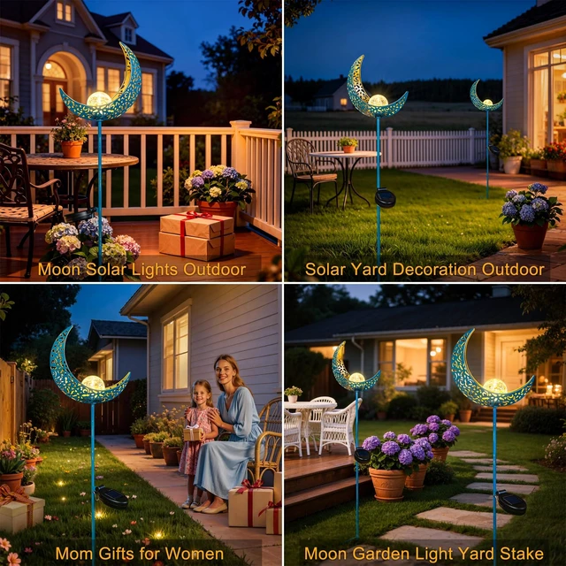 Alt view image 3 of 7 - Homeimpro Moon Solar Garden Lights Outdoor Stakes, Waterproof Crackle Glass Metal Yard Lights for Lawn, Patio Accessories, Backyard Decor, Birthday Gifts for Mom