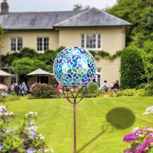 Alt view image 6 of 7 - VCUTEKA Decorative Solar Garden Lights, 6" Mosaic Globe Outdoor Stake | Mosaic Glass Design with Solar Light, Weather Resistant, Auto On/Off and Metal Stake Design For Lawn and Patio, Blue