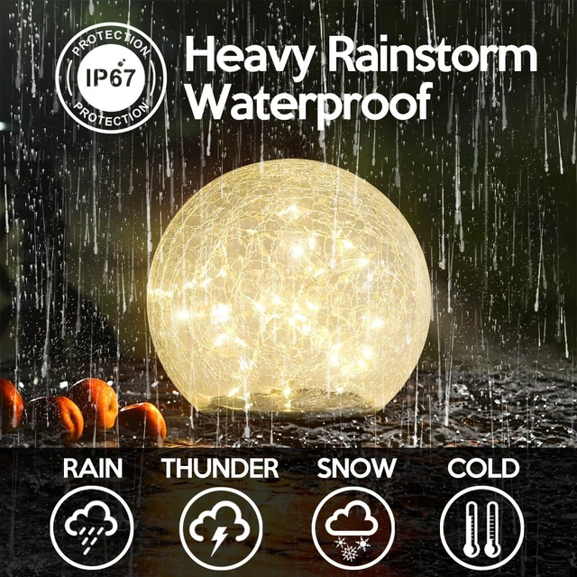 Alt view image 3 of 7 - Outdoor Waterproof IP65 Solar Globe Lights, Led Solar Light Balls for Lawn Garden Patio Table Art Decoration, Yard Landscape Illuminated Cracked Glass Sphere Gazing Ball Lights, Round Ornaments Orbs