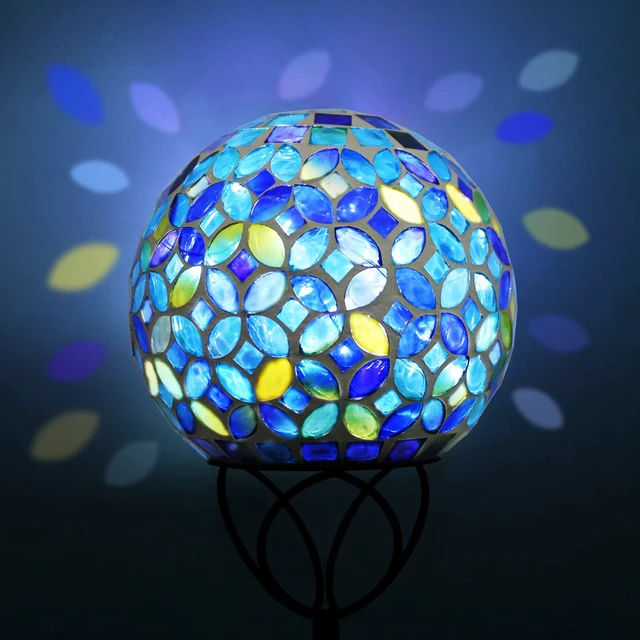 Alt view image 5 of 7 - VCUTEKA Decorative Solar Garden Lights, 6" Mosaic Globe Outdoor Stake | Mosaic Glass Design with Solar Light, Weather Resistant, Auto On/Off and Metal Stake Design For Lawn and Patio, Blue