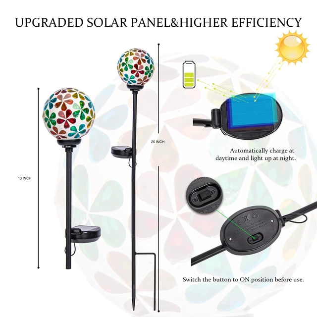 Alt view image 5 of 7 - VCUTEKA Decorative Solar Garden Lights, 3.5" Mosaic Globe Outdoor Stake | Mosaic Glass Globe Design, Solar LED Light, Waterproof Design, Auto On/Off and Metal Stake Design for Lawn and Patio