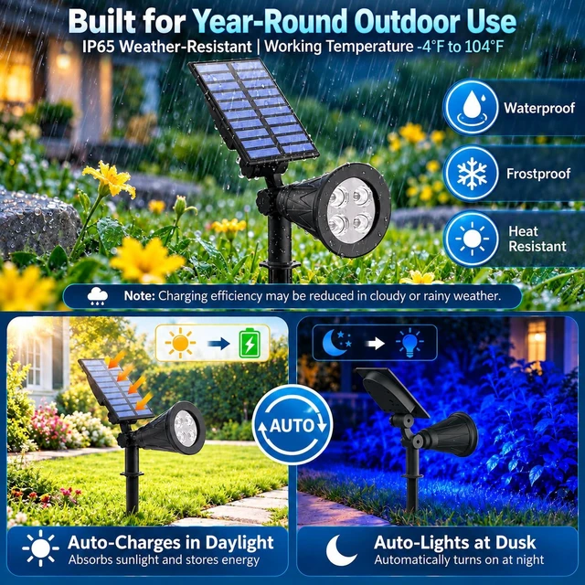 Alt view image 2 of 6 - T-SUNUS Blue Solar Landscape Spotlights Outdoor 2 Pack IP65 Waterproof Flag | Adjustable, 2 Lighting Modes, Auto On/Off, Ground & Wall Mount for Yard Garden Pond Tree Flag Christmas Halloween
