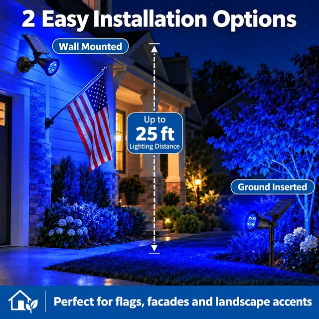 Alt view image 4 of 6 - T-SUNUS Blue Solar Landscape Spotlights Outdoor 2 Pack IP65 Waterproof Flag | Adjustable, 2 Lighting Modes, Auto On/Off, Ground & Wall Mount for Yard Garden Pond Tree Flag Christmas Halloween