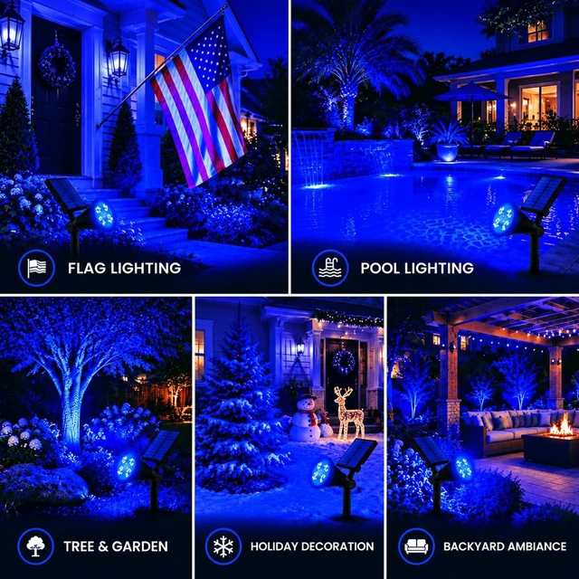 Alt view image 6 of 6 - T-SUNUS Blue Solar Landscape Spotlights Outdoor 2 Pack IP65 Waterproof Flag | Adjustable, 2 Lighting Modes, Auto On/Off, Ground & Wall Mount for Yard Garden Pond Tree Flag Christmas Halloween