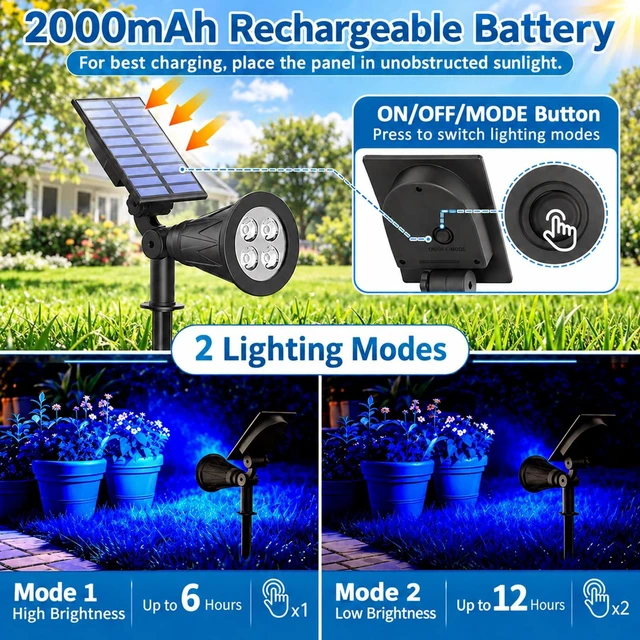 Alt view image 5 of 6 - T-SUNUS Blue Solar Landscape Spotlights Outdoor 2 Pack IP65 Waterproof Flag | Adjustable, 2 Lighting Modes, Auto On/Off, Ground & Wall Mount for Yard Garden Pond Tree Flag Christmas Halloween