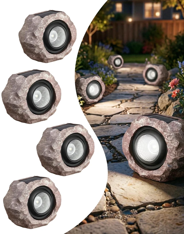 Main image of Solar Rock Lights Outdoor 4 Pack, Landscape Spotlight Faux Rock Lights Yard | Solar Spotlights Outdoor, Realistic Rock Look, Adjustable Light Angle, IP65 Waterproof, Yard Pathway Patio Landscape Decor