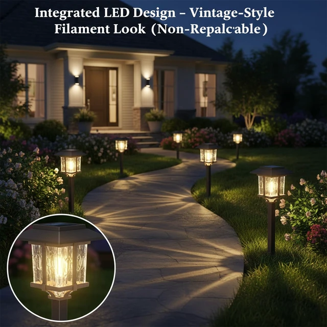 Alt view image 4 of 7 - XMCOSY+ Solar Pathway Lights Outdoor 4 Pack, Warm White Solar Garden Lights | IP65 Waterproof, 2-Tone Stainless Steel & Glass, LED Edison Glow Landscape Lighting for Walkway Yard Patio Driveway Decor