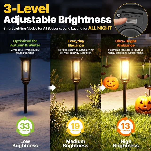 Alt view image 3 of 7 - Ensenior Solar Pathway LED Lights Outdoor, 2700K Warm White, 8 Pack | All-night-lasting garden lights, 3 brightness adjustable, IP65 waterproof, landscape lighting for yard, walkway, patio
