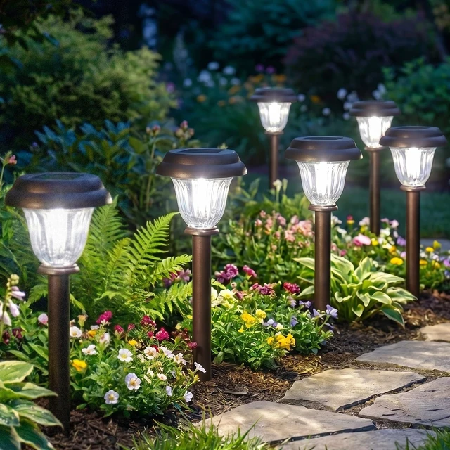 Main image of DERAYSION 8 Pack Solar Lights Outdoor Pathway, Stainless Steel Glass Solar Garden Lights, Auto On/Off Long-Lasting Waterproof Outdoor Solar Lights for Yard, Landscape, Path, Driveway, Walkway Décor