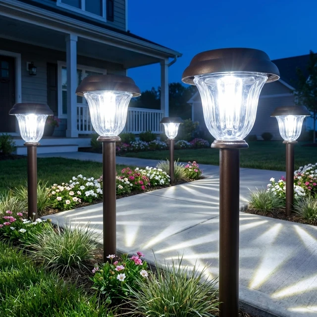 Alt view image 3 of 7 - DERAYSION 8 Pack Solar Lights Outdoor Pathway, Stainless Steel Glass Solar Garden Lights, Auto On/Off Long-Lasting Waterproof Outdoor Solar Lights for Yard, Landscape, Path, Driveway, Walkway Décor