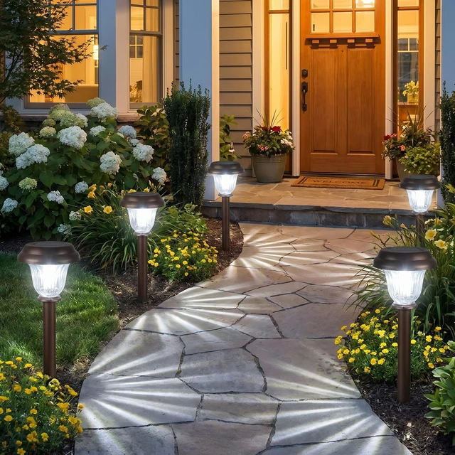 Alt view image 7 of 7 - DERAYSION 8 Pack Solar Lights Outdoor Pathway, Stainless Steel Glass Solar Garden Lights, Auto On/Off Long-Lasting Waterproof Outdoor Solar Lights for Yard, Landscape, Path, Driveway, Walkway Décor
