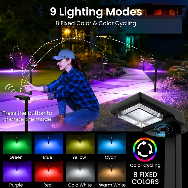 Alt view image 2 of 7 - AUDERWIN Solar Pathway Lights Outdoor, Smart Color Changing 9-in-1 Modes | 4 Pack Solar Lights Outdoor Waterproof, Bright Landscape Lighting for Walkway, Garden, Yard (Warm White/Cool White/RGBCW)