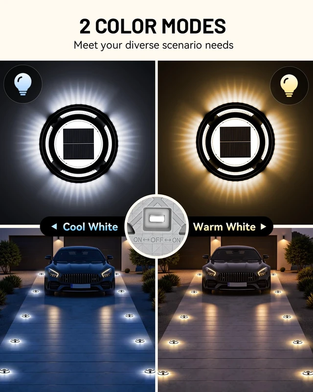 Alt view image 4 of 7 - Solar Driveway Lights, 4 Pack Heavy Duty Driveway Lights Solar Powered 2 Color Mode (Cool/Warm White) IP68 Waterproof Outdoor Solar Deck Lights with Ground Stake for Pathway Garden Yard Walkway Dock