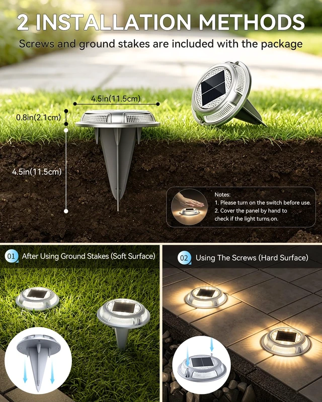 Alt view image 7 of 7 - Solar Driveway Lights, 4 Pack Heavy Duty Driveway Lights Solar Powered 2 Color Mode (Cool/Warm White) IP68 Waterproof Outdoor Solar Deck Lights with Ground Stake for Pathway Garden Yard Walkway Dock