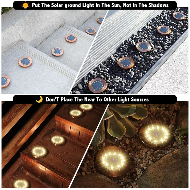 Alt view image 3 of 7 - JKIMK Solar Ground Lights Outdoor Waterproof Flat Garden Solar Disk Lights Floor 12 LED 8 Pack for Garden Patio Pathway Landscape Driveway Yard Path Decor