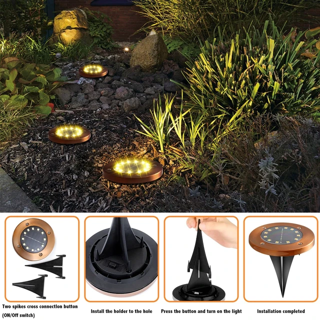Alt view image 6 of 7 - JKIMK Solar Ground Lights Outdoor Waterproof Flat Garden Solar Disk Lights Floor 12 LED 8 Pack for Garden Patio Pathway Landscape Driveway Yard Path Decor