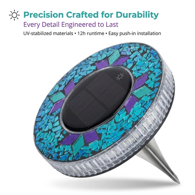 Alt view image 2 of 7 - Depehelp Mosaic Solar Disk Light, Waterproof Outdoor Glass Garden Stake Lighting, Colorful Landscape Yard Decor for Walkway, Patio & Lawn, Auto On/Off Decorative Driveway Lamps Ground Lights (Blue)