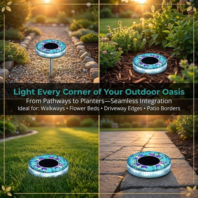 Alt view image 6 of 7 - Depehelp Mosaic Solar Disk Light, Waterproof Outdoor Glass Garden Stake Lighting, Colorful Landscape Yard Decor for Walkway, Patio & Lawn, Auto On/Off Decorative Driveway Lamps Ground Lights (Blue)