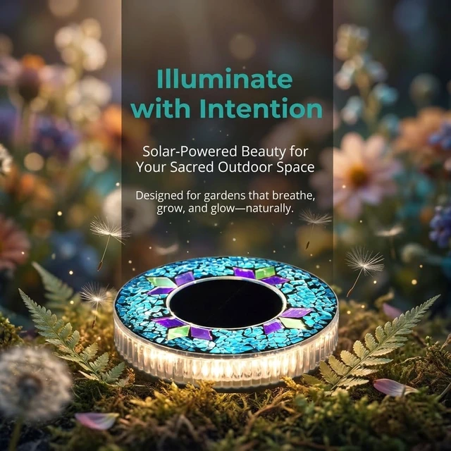 Alt view image 7 of 7 - Depehelp Mosaic Solar Disk Light, Waterproof Outdoor Glass Garden Stake Lighting, Colorful Landscape Yard Decor for Walkway, Patio & Lawn, Auto On/Off Decorative Driveway Lamps Ground Lights (Blue)
