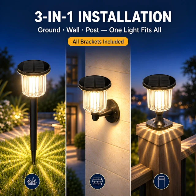 Alt view image 2 of 7 - HaliKin Solar Pathway Lights Outdoor 6 Pack, 3-in-1 Ground Wall Post Mount | Crystal-Cut PC Shade, Garden Yard Driveway Walkway Patio, 6500K/3000K Dual Color, IP65 Waterproof, Dusk To Dawn Auto On/Off