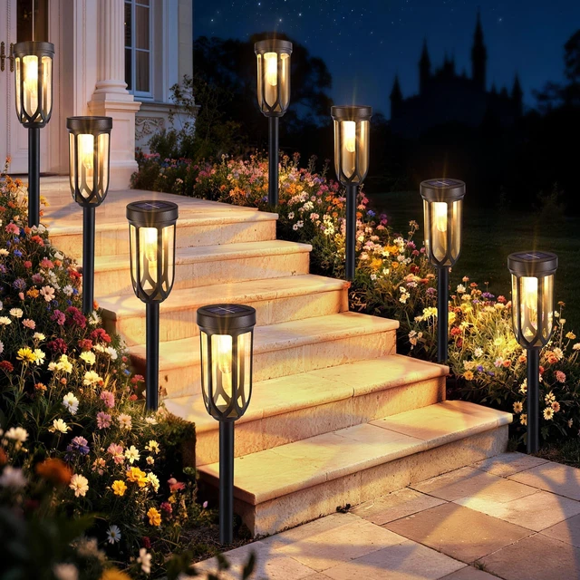 Alt view image 7 of 7 - Lomotech 8 Pack Solar Pathway Lights,Warm White | Solar Lights Outdoor Waterproof, Bright LED Solar Garden Lights for Patio Landscape Lawn Yard Walkway Driveway