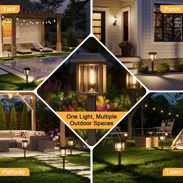 Alt view image 2 of 7 - 4-Pack Solar Pathway Lights Outdoor, 25 Lumens Solar Garden Lights | IP65 Waterproof Seeded Glass & Metal Stakes, 2-Tone Vintage Edison LED Landscape Lighting for Yard, Patio, Walkway & Driveway