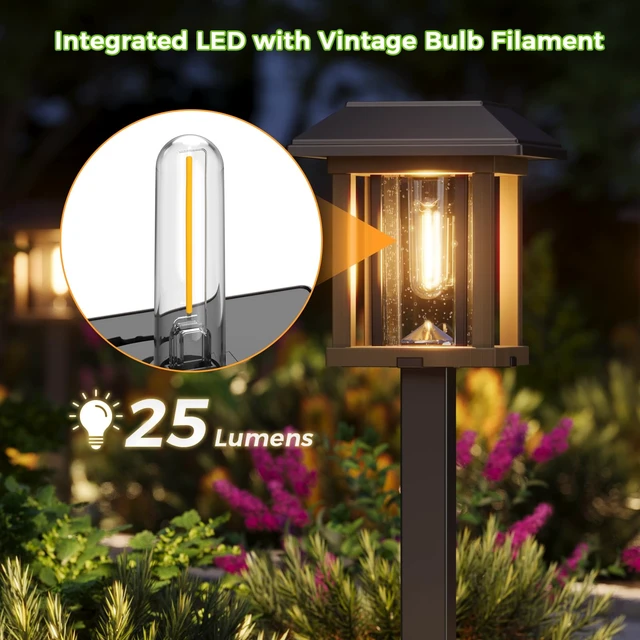 Alt view image 4 of 7 - 4-Pack Solar Pathway Lights Outdoor, 25 Lumens Solar Garden Lights | IP65 Waterproof Seeded Glass & Metal Stakes, 2-Tone Vintage Edison LED Landscape Lighting for Yard, Patio, Walkway & Driveway