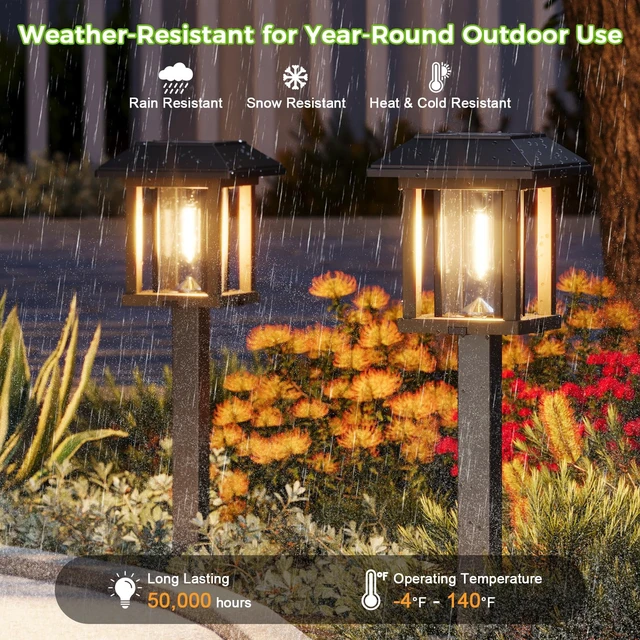Alt view image 6 of 7 - 4-Pack Solar Pathway Lights Outdoor, 25 Lumens Solar Garden Lights | IP65 Waterproof Seeded Glass & Metal Stakes, 2-Tone Vintage Edison LED Landscape Lighting for Yard, Patio, Walkway & Driveway