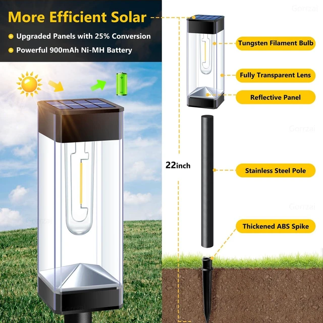 Alt view image 2 of 7 - Gorrzai Solar Pathway Lights Outdoor Waterproof Landscape Lighting 4 Pack | Solar Lights Outdoor for Yard Driveway Garden Walkway Lawn Path Decor, Auto On/Off, LED Bright Tungsten Filament Bulb