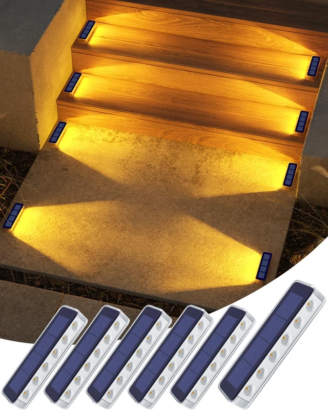 Main image of DetarZinLED Solar Step Lights Outdoor IP68 Waterproof 6 Pack Warm White | Solar Power, Auto ON/OFF, Stick on, Sturdy PC Shell, for Outside Stair, Deck, Dock, Walkway, Path, Driveway, Sidewalk, Patio