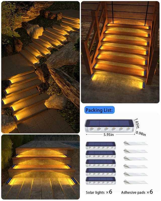 Alt view image 5 of 5 - DetarZinLED Solar Step Lights Outdoor IP68 Waterproof 6 Pack Warm White | Solar Power, Auto ON/OFF, Stick on, Sturdy PC Shell, for Outside Stair, Deck, Dock, Walkway, Path, Driveway, Sidewalk, Patio