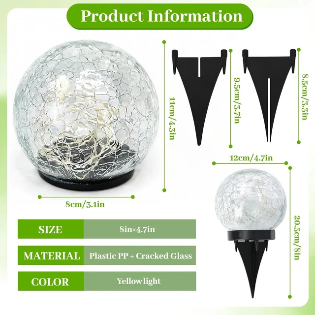 Alt view image 2 of 7 - 2 Pack Solar Path Lights Outdoor, Cracked Glass Globe with Light Control, IP67 Waterproof Solar Garden Lights, Warm Yellow & 4-Color LED Ball Lights for Yard, Patio, Lawn & Holiday Decor (Yellow)