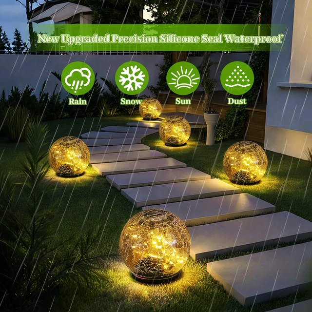 Alt view image 4 of 7 - 2 Pack Solar Path Lights Outdoor, Cracked Glass Globe with Light Control, IP67 Waterproof Solar Garden Lights, Warm Yellow & 4-Color LED Ball Lights for Yard, Patio, Lawn & Holiday Decor (Yellow)