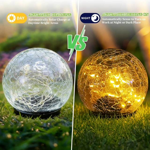Alt view image 3 of 7 - 2 Pack Solar Path Lights Outdoor, Cracked Glass Globe with Light Control, IP67 Waterproof Solar Garden Lights, Warm Yellow & 4-Color LED Ball Lights for Yard, Patio, Lawn & Holiday Decor (Yellow)
