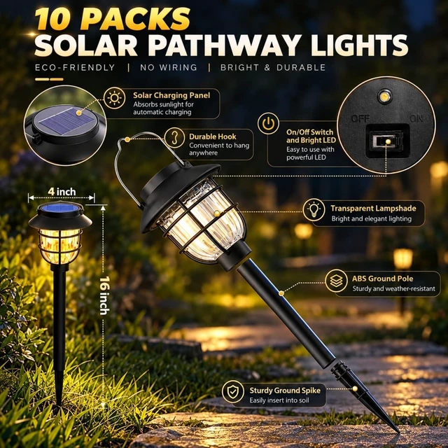 Alt view image 2 of 7 - Springwind 10 Pack Solar Lights Outdoor Waterproof Garden Pathway Lights | Bright Warm LED Light, Outdoor Decoration, Garden Decor for Yard, Patio, Landscape, Walkway, Driveway, Flower Bed, Planter
