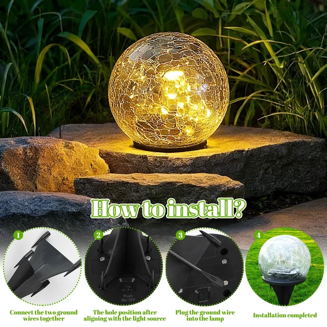 Alt view image 6 of 7 - 2 Pack Solar Path Lights Outdoor, Cracked Glass Globe with Light Control, IP67 Waterproof Solar Garden Lights, Warm Yellow & 4-Color LED Ball Lights for Yard, Patio, Lawn & Holiday Decor (Yellow)