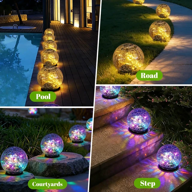 Alt view image 7 of 7 - 2 Pack Solar Path Lights Outdoor, Cracked Glass Globe with Light Control, IP67 Waterproof Solar Garden Lights, Warm Yellow & 4-Color LED Ball Lights for Yard, Patio, Lawn & Holiday Decor (Yellow)