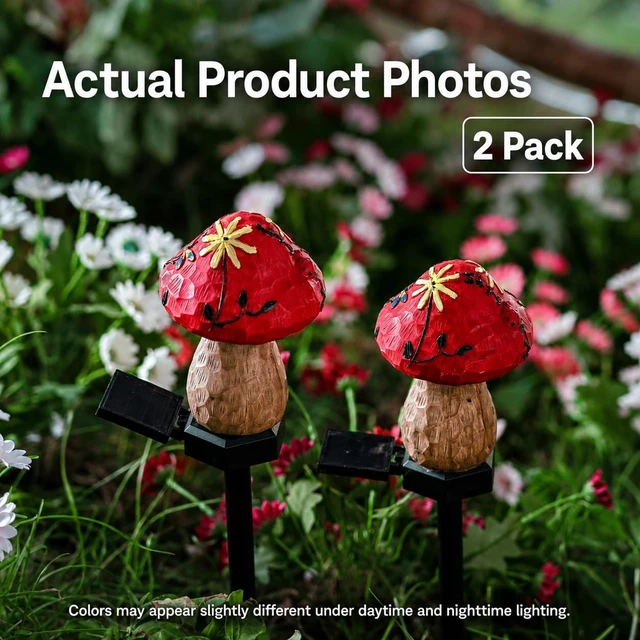 Alt view image 2 of 7 - Solar Mushroom Lights Outdoor, 2 Pack Waterproof Decorative Garden Pathway Lights, Hand-Painted Resin Fairy Garden Decor for Yard Lawn Patio Walkway, Unique Gift for Women Garden Lovers