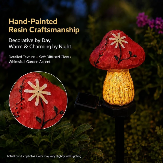 Alt view image 4 of 7 - Solar Mushroom Lights Outdoor, 2 Pack Waterproof Decorative Garden Pathway Lights, Hand-Painted Resin Fairy Garden Decor for Yard Lawn Patio Walkway, Unique Gift for Women Garden Lovers