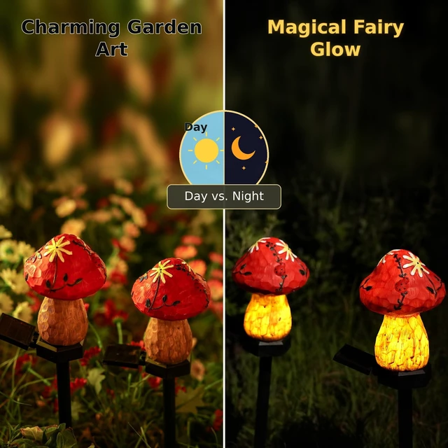 Alt view image 5 of 7 - Solar Mushroom Lights Outdoor, 2 Pack Waterproof Decorative Garden Pathway Lights, Hand-Painted Resin Fairy Garden Decor for Yard Lawn Patio Walkway, Unique Gift for Women Garden Lovers