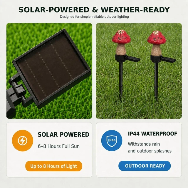 Alt view image 6 of 7 - Solar Mushroom Lights Outdoor, 2 Pack Waterproof Decorative Garden Pathway Lights, Hand-Painted Resin Fairy Garden Decor for Yard Lawn Patio Walkway, Unique Gift for Women Garden Lovers