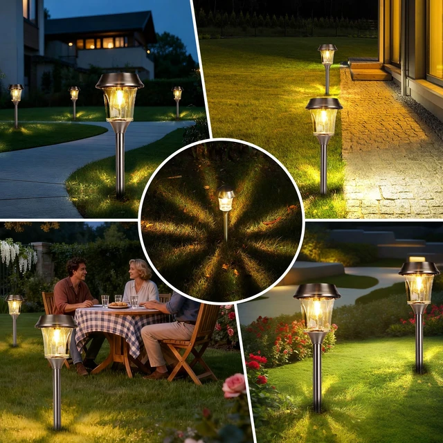 Alt view image 6 of 7 - Solar Pathway Lights Outdoor, 4 Pack Glass Landscape Lights | 25LM Bright, 2 Brightness Modes, Stainless Steel & Real Glass, 3000K Warm White, IP65 Waterproof, for Walkway & Driveway